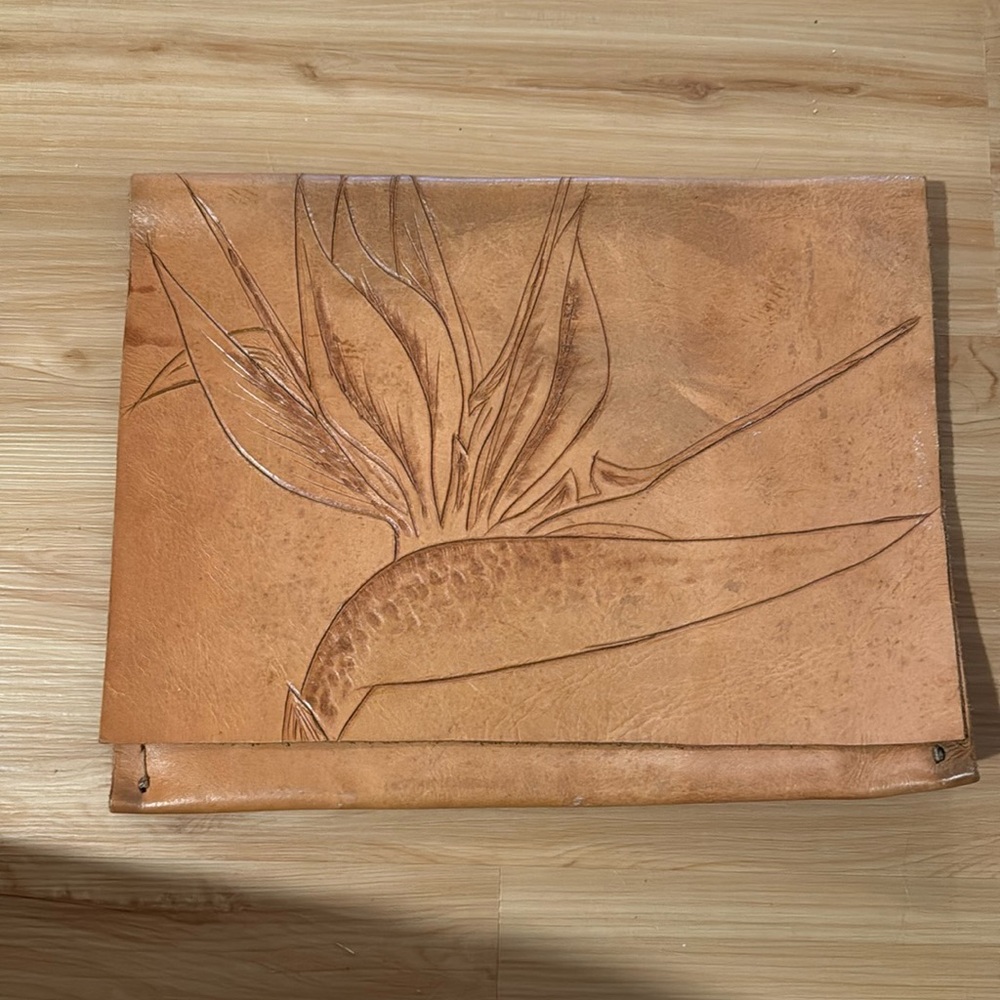 Genuine Leather hand carved bird of paradise clutch